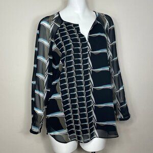 Nic + Zoe Blouse Size Small Black Blue Abstract Artsy Flowy Wearable Art Sheer
